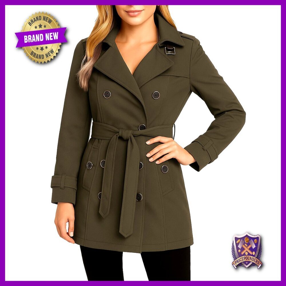 Lightweight Belted Trench Coat Softshell Jacket Polar Fleece Lined Hooded